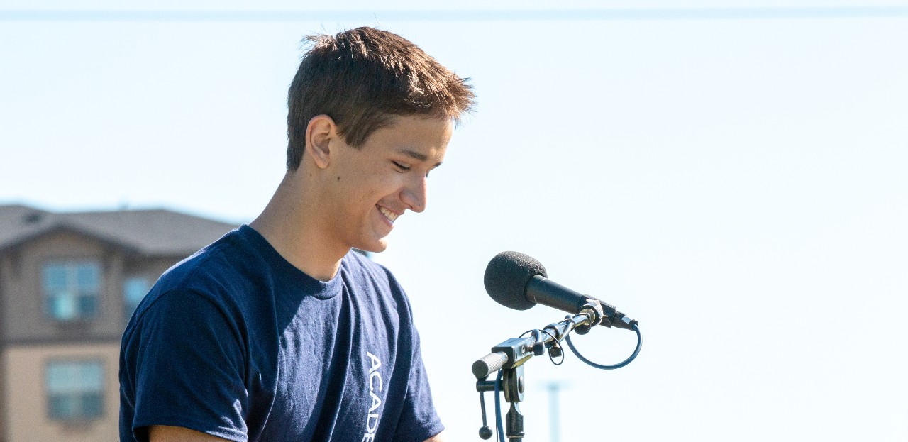 Joshua Loehr, DCCHS senior delivers speech at Academy District 20 Back to School Rally